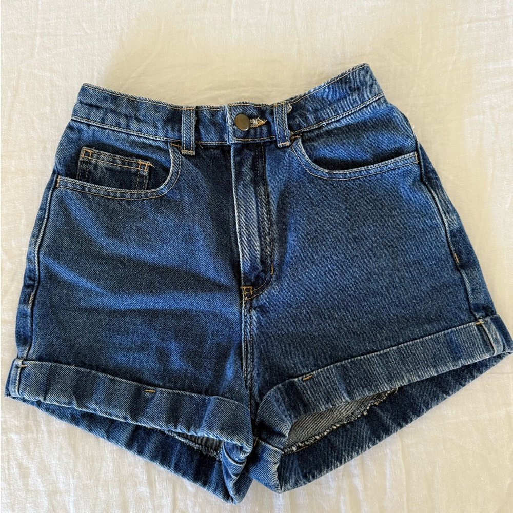American Apparel Dark Blue High-Waist Rolled Hem Denim Shorts